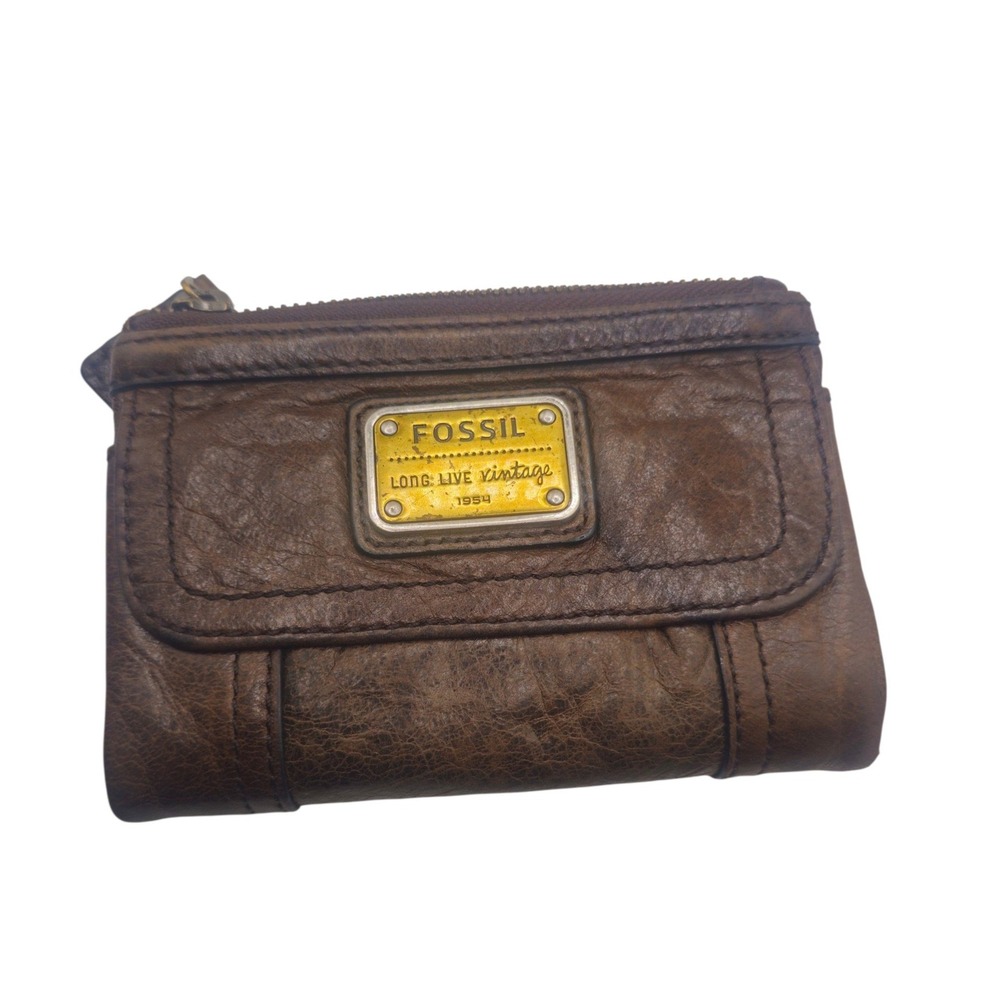 Fossil Long Live Vintage 1954 Brown Leather Bifold Wallet Snap Closure Pocket